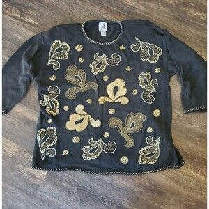 Vintage AK America Sequin Beaded Detailed Sweater Size 24/26 Black Shoulder Pads